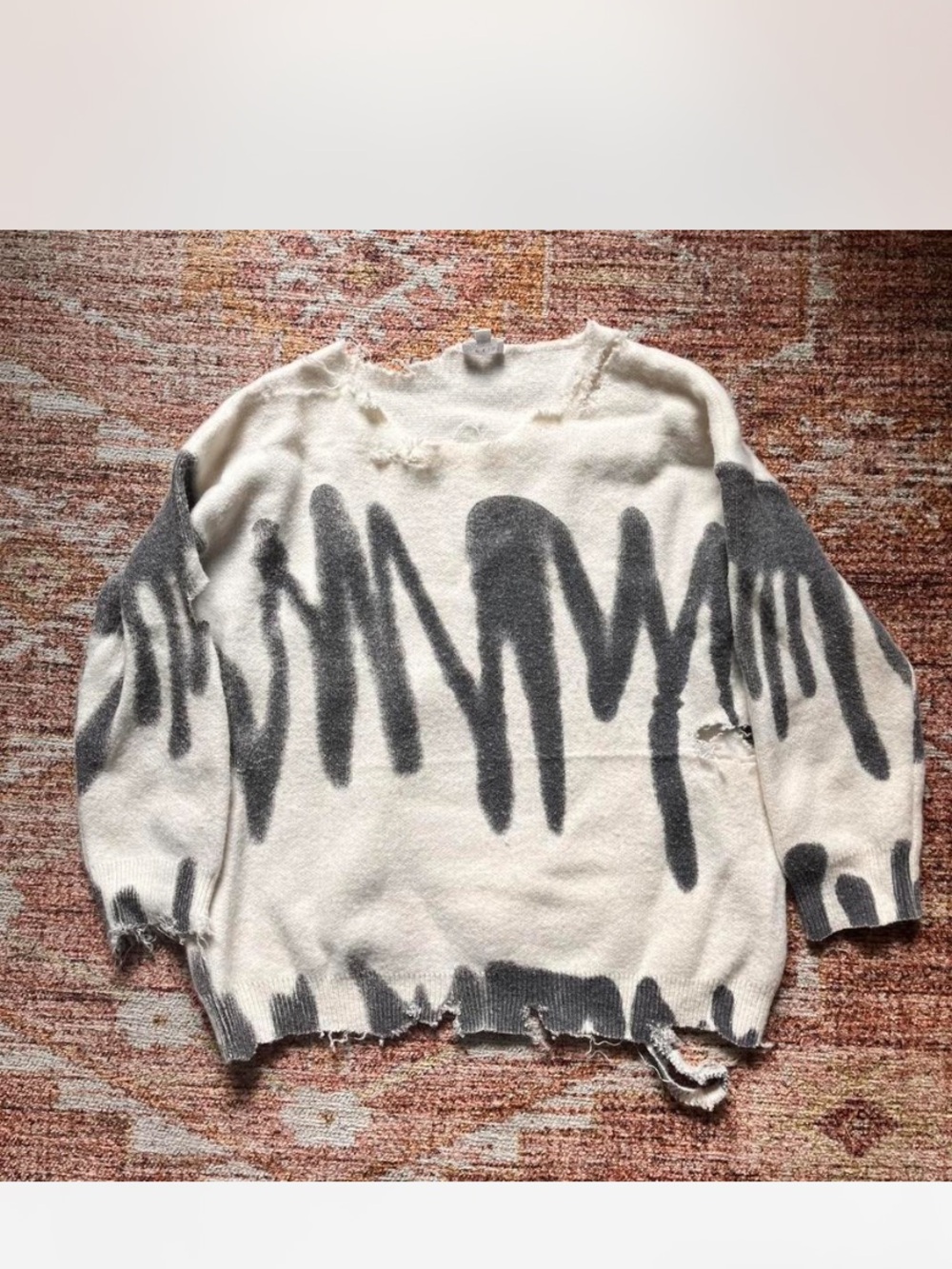 Women's Cream and Gray Distressed Knit Sweater